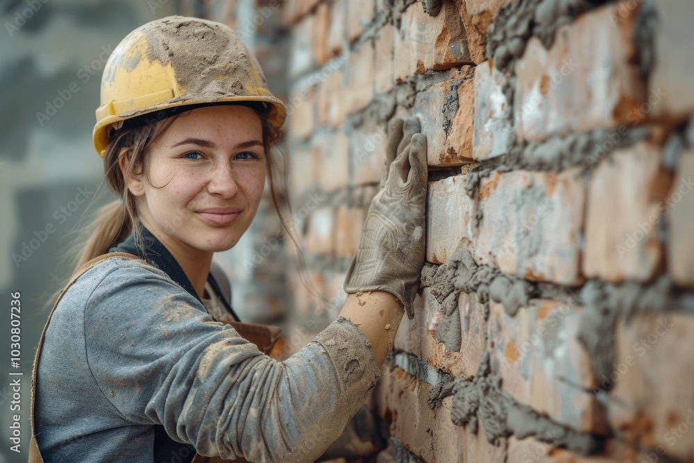 A woman in a hard hat and gloves, ready to work on a construction site A woman in a hard hat and gloves, ready to work on a construction site