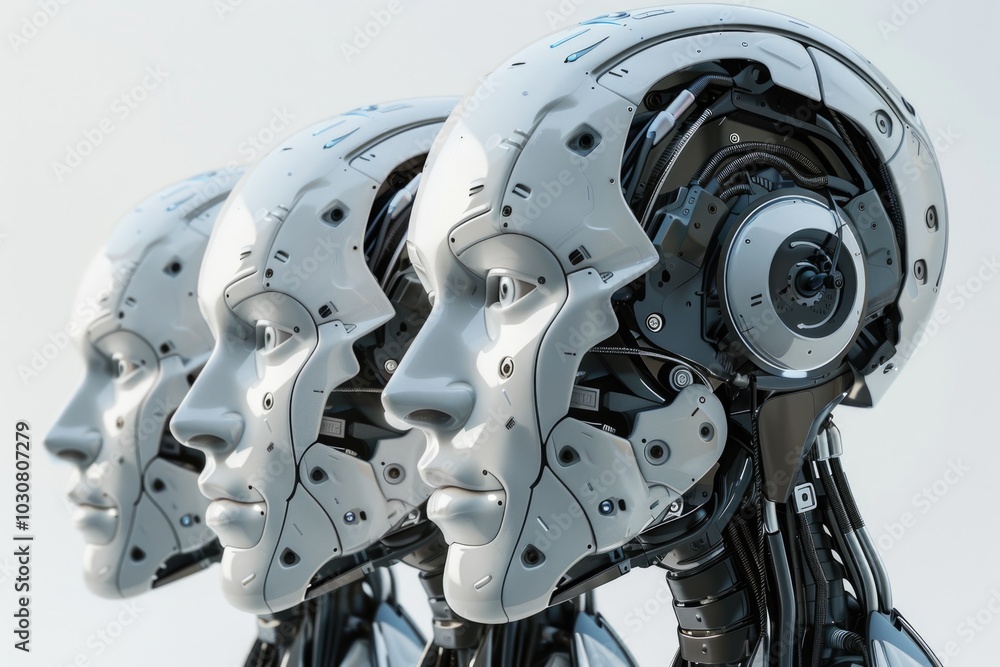A close-up view of a robot's head with mechanical features and metallic components A close-up view of a robot's head with mechanical features and metallic components