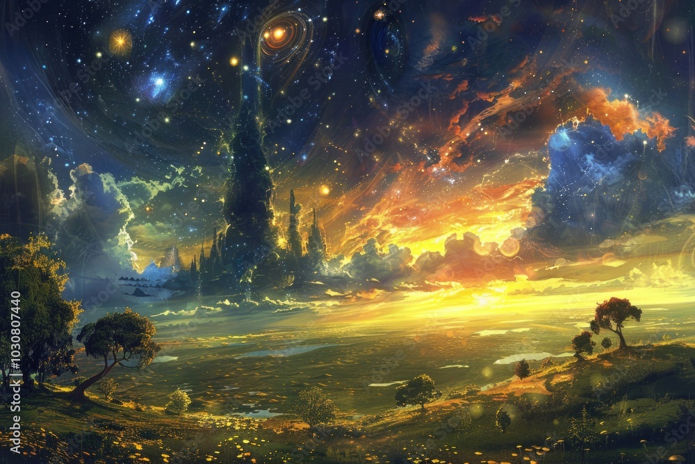 A serene landscape featuring tall trees and twinkling stars in the night sky A serene landscape featuring tall trees and twinkling stars in the night sky