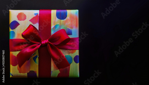 Vibrant Gift Box with Red Bow, Colorful Abstract Design, Festive Celebration! photo