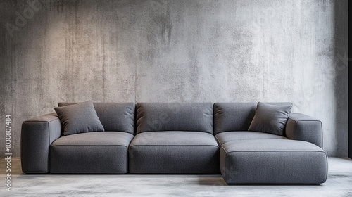 Modern Living Room Interior with Gray Sectional Sofa and Yellow Pillows, 3D Rendering, modern living room interior.