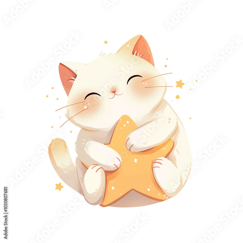 A cute cat is holding a star in its mouth. The cat is smiling and he is happy. The image has a playful and whimsical mood, as it features a cat and a star, which are both symbols of innocence