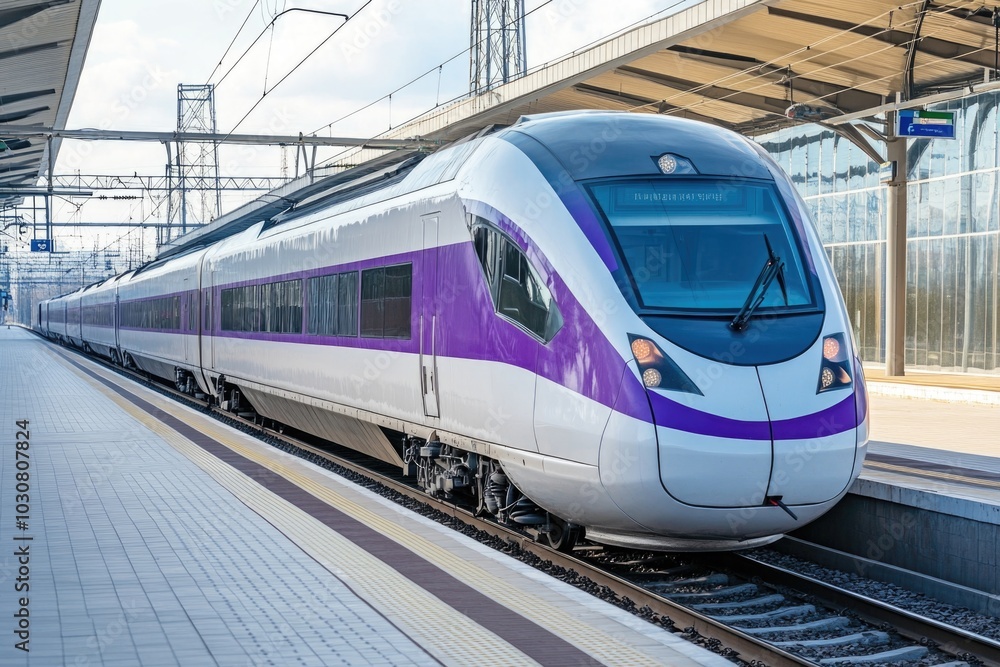 Fototapeta premium A purple and white train pulls into a train station, ready to deliver passengers and goods