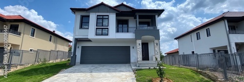 Modern House with Gray and White Walls and Garage Door photo