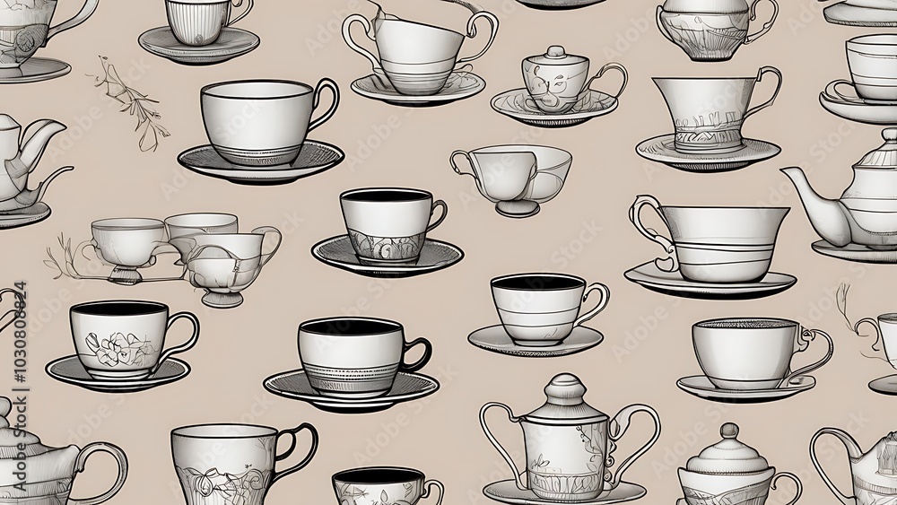 Minimal pattern featuring elegant line art tea cups and saucers, arranged in a seamless design with delicate details. Minimal pattern featuring elegant line art tea cups and saucers, arranged in a seamless design with delicate details.
