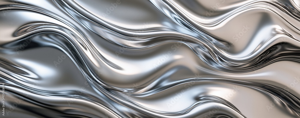 The surface features mesmerizing wavy patterns in silver and chrome, reflecting light beautifully The surface features mesmerizing wavy patterns in silver and chrome, reflecting light beautifully