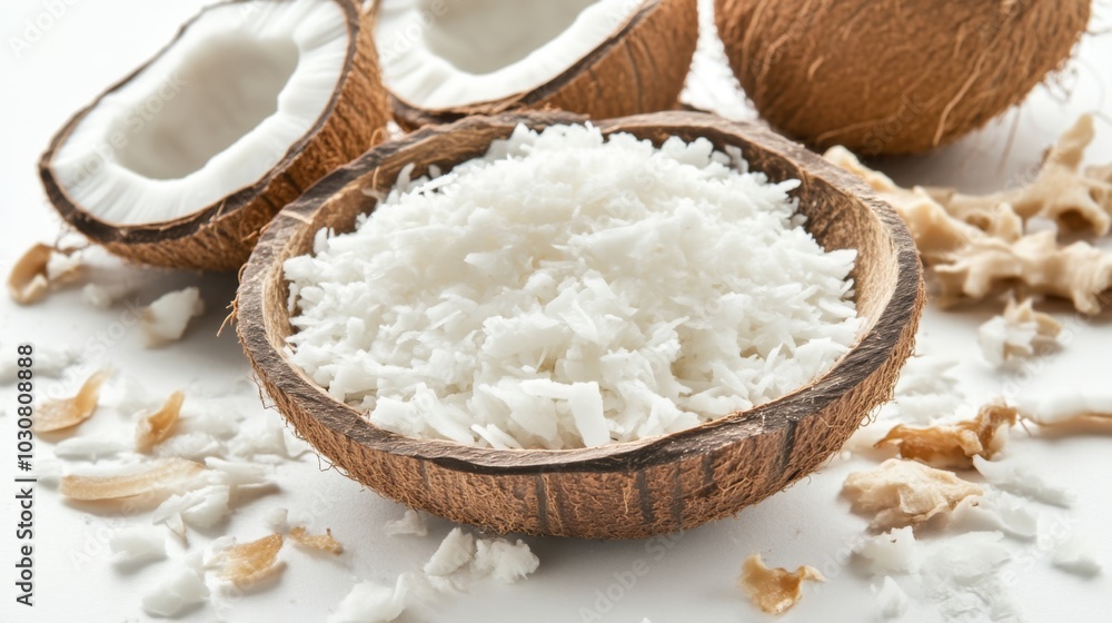 Fresh Coconut Flakes in a Coconut Shell Fresh Coconut Flakes in a Coconut Shell