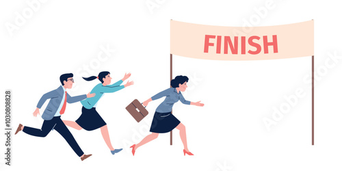 Office workers run to finish. Business competition, female male employees compete for leadership and promotion. Job opportunity, vector scene