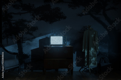 Tableau sur toile Old television and bright static screen in a vintage living room at night