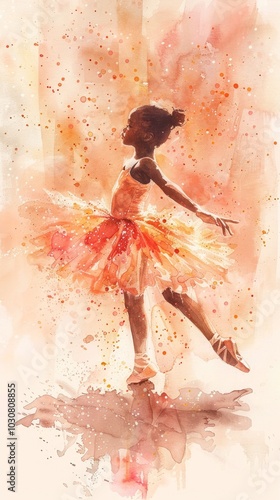 In a serene watercolor rendering, a budding ballerina dances on a pale peach background, her tutu adorned with soft apricot hues, embodying the charm of early childhood ballet