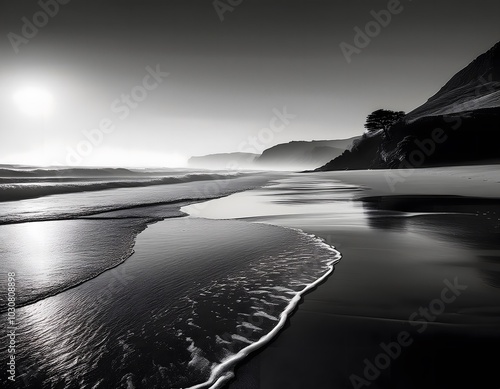 Black-and-white image of a deserted beach at dawn, with gentle waves and the interplay of light and shadow creating a peaceful, timeless scene photo