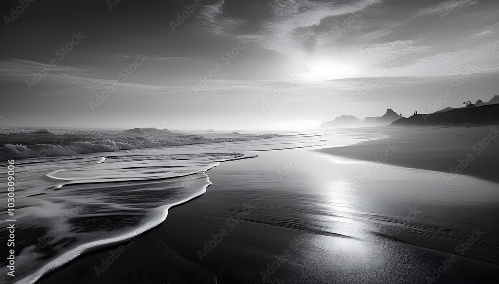Black-and-white image of a deserted beach at dawn, with gentle waves and the interplay of light and shadow creating a peaceful, timeless scene Black-and-white image of a deserted beach at dawn, with gentle waves and the interplay of light and shadow creating a peaceful, timeless scene