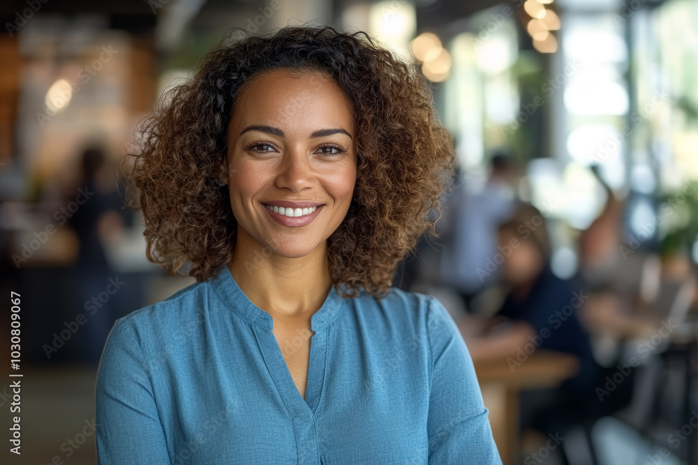 Fototapeta premium Attractive African American professional woman in a blue blouse standing in the office smiling broadly. 
