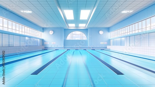 Empty lanes in a serene indoor swimming pool await swimmers. Calm water reflects the tranquility of a facility designed for sport and leisure.