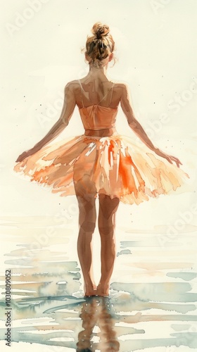 In a serene watercolor rendering, a tiny ballerina in a pale peach tutu poses on a white background, her pose reflecting the simplicity and purity of youth