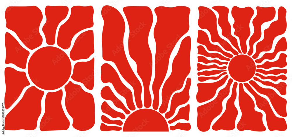 Affiche fleurs groowy et abstrait. Ensemble tendance floral et ensoleillé