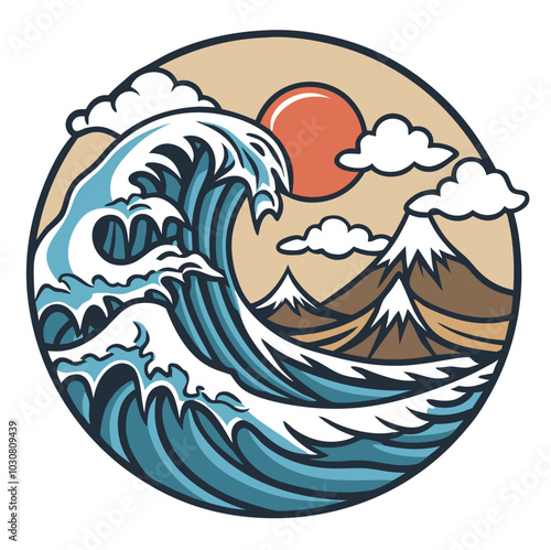Illustration of big waves breaking with the sun shining in a traditional asian art style. Asian culture element or traditional symbol of asia