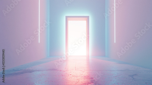 a door with a glowing outline, leading to a brightly lit room with a pinkish-purple hue.