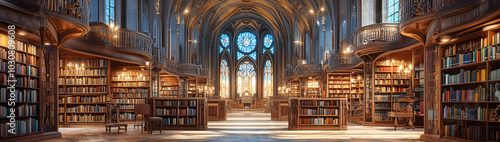 fantasy library in cozy cathedral environment. Generative AI