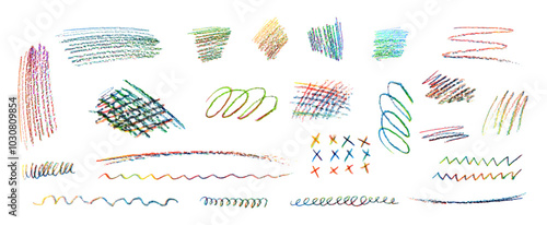 Set of naive playful shapes drawing by wax crayon pencil. Children charcoal hand drawn colorful doodle scratches. Collection of pastel highlighter spots and cross shapes. Vector illustration.