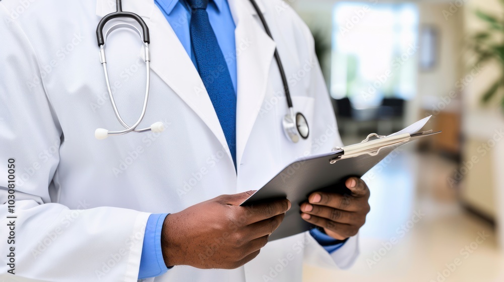 Close-up of a Doctor's Hands Holding a Clipboard with Paperwork Close-up of a Doctor's Hands Holding a Clipboard with Paperwork