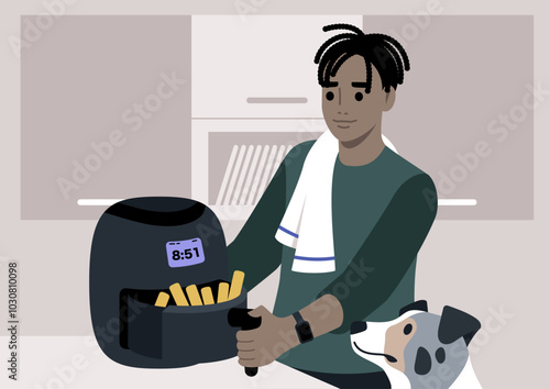 In a cozy kitchen, a young individual joyfully cooks golden fries in an air fryer, with their dog eagerly observing, creating a warm and inviting atmosphere