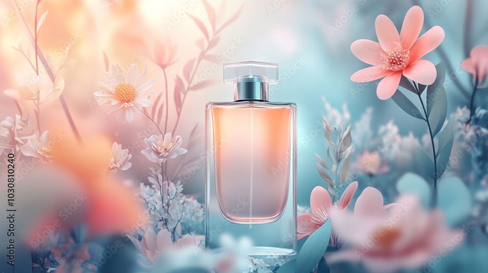 Transparent bottle surrounded with flowers for a beautiful and luxurious beauty product showcase and presentation. Transparent bottle surrounded with flowers for a beautiful and luxurious beauty product showcase and presentation.