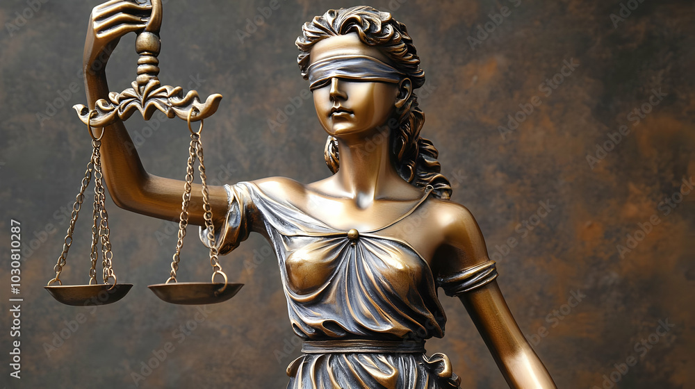 A bronze statue of Lady Justice holding scales and a sword. A bronze statue of Lady Justice holding scales and a sword.