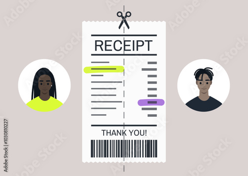 Creative illustration of two diverse characters splitting a receipt as they share costs, reflecting modern financial habits and communal living in a lively urban setting