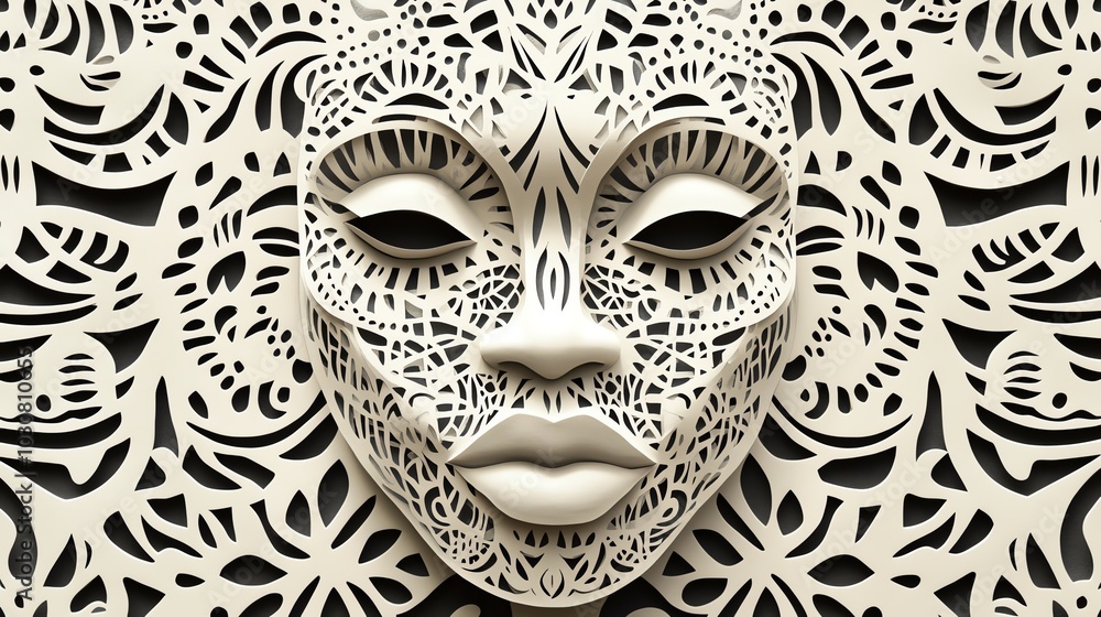 Paper cut African tribal mask pattern with bold, symmetrical shapes and intricate details, paper cut mask, traditional African pattern Paper cut African tribal mask pattern with bold, symmetrical shapes and intricate details, paper cut mask, traditional African pattern