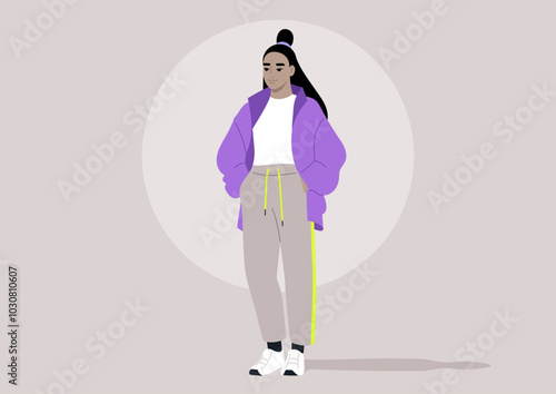 The teenager stands confidently, wearing a trendy sports outfit that blends comfort and style, reflecting an active lifestyle amidst a serene background