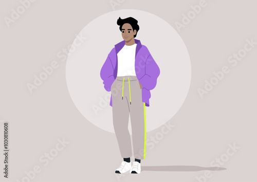 The teenager stands confidently, wearing a trendy sports outfit that blends comfort and style, reflecting an active lifestyle amidst a serene background