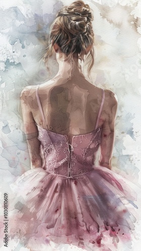 In this watercolor artwork, a ballerina wearing a pink dress poses with her back turned to the viewer, contrasting beautifully with a light background