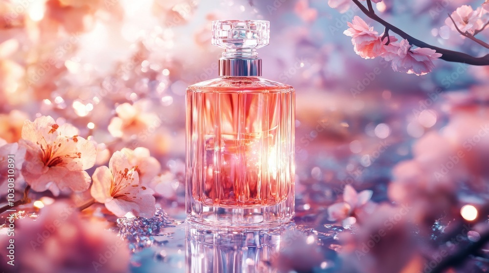 Transparent bottle surrounded with flowers for a beautiful and luxurious beauty Transparent bottle surrounded with flowers for a beautiful and luxurious beauty