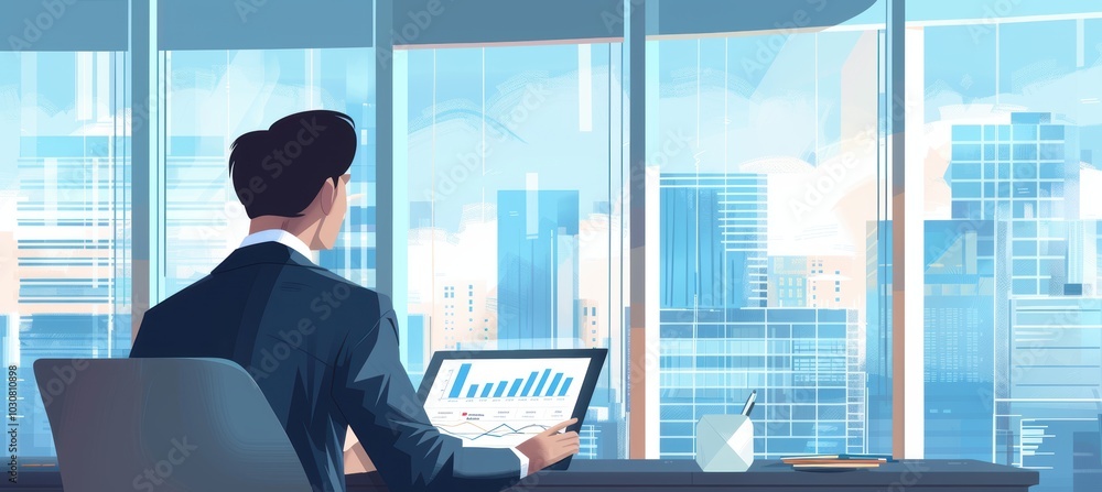 Fototapeta premium Professional Financial Insights: Business Consultant Analyzing Trends in Modern Cityscape Office