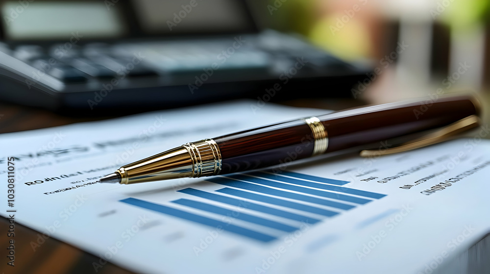 A pen rests on a report with graphs and a calculator in background. A pen rests on a report with graphs and a calculator in background.