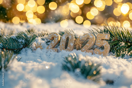 Little letters "2025" made from christmas trees spruce branches. spruce branches are soft and fluffy, covered with snow