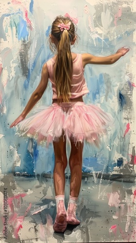 little ballerina, her pink tutu resplendent, stands on tiptoe, her arms outstretched, embodying the dreams of a young dancer through the strokes of watercolor