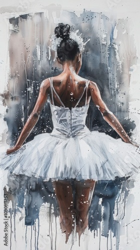 series of watercolor paintings reveals the fluidity of a ballerina's movements from behind. Her elegant posture and expressive back create an aura of enchantment