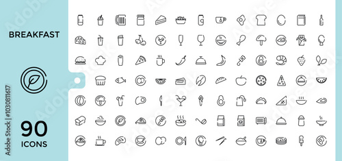 Breakfast line style web icons set. Food icon collection, funchose, clam, chinese chicken, kebab and more. editable stroke and pixel perfect icons pack. Outline symbol bundel.