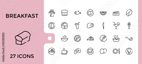 Breakfast line style web icons set. Food icon collection, funchose, clam, chinese chicken, kebab and more. editable stroke and pixel perfect icons pack. Outline symbol bundel.