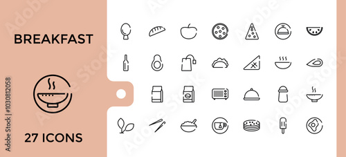 Breakfast line style web icons set. Food icon collection, funchose, clam, chinese chicken, kebab and more. editable stroke and pixel perfect icons pack. Outline symbol bundel.