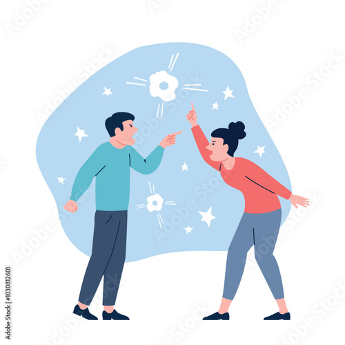 Man and woman have conflict. Couple arguing shouting and gesturing. Bullying in family, aggressive communication between colleagues, recent vector characters
