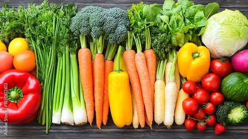 Fresh, vibrant vegetables arranged in a row on a wooden surface.