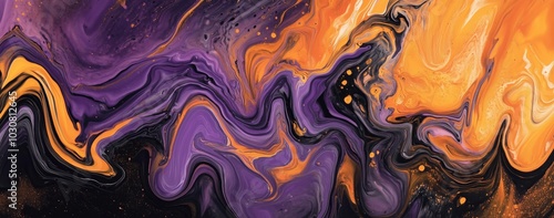 Mesmerizing swirl of purple and orange liquid paint patterns in artistic display. Generative AI photo