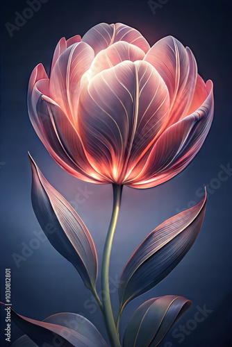 Illuminated artistic flower with vibrant petals and leaves over dark background, enchanting and beautiful design