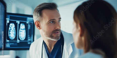 A doctor talks to a female patient while reviewing her thyroid scan results on a monitor, detailed discussion about diagnosis, modern clinical setting, selective focus

