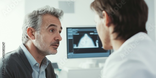 A doctor discusses diagnostic images with a male patient in a medical office, detailed thyroid scan visible on the screen, professional consultation, selective focus