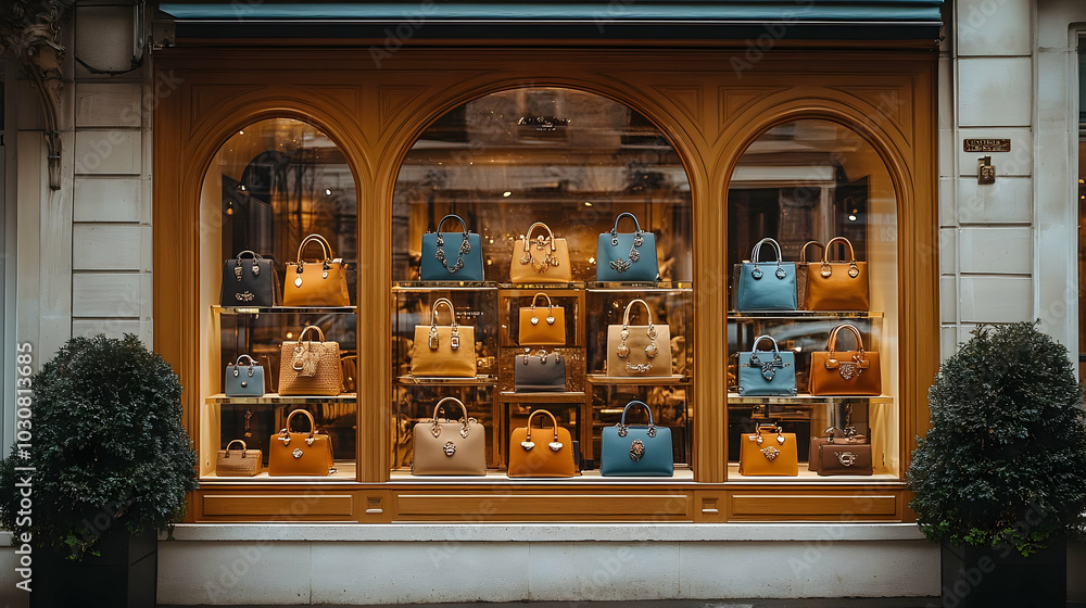 Elegant display of handbags in a boutique window. Elegant display of handbags in a boutique window.