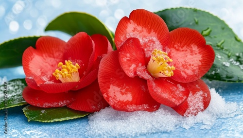 Red Camellia Flowers in the Snow with Green Leaves photo